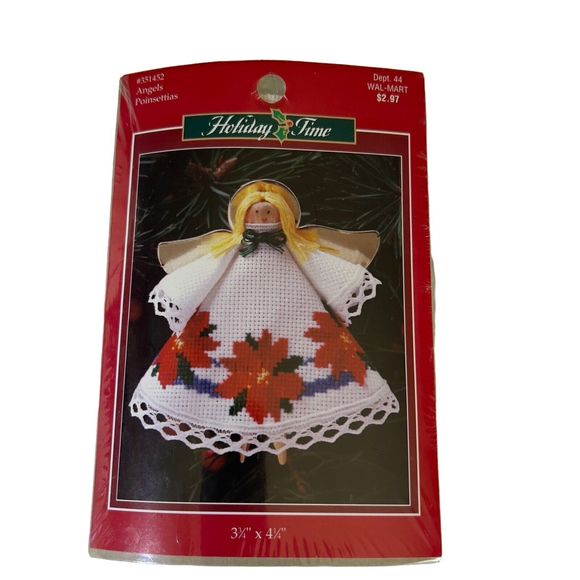 VTG Holiday Time Christmas Angels Poinsettias Cross Stitch‎ Kit #351452 Ornament - Picture 1 of 4